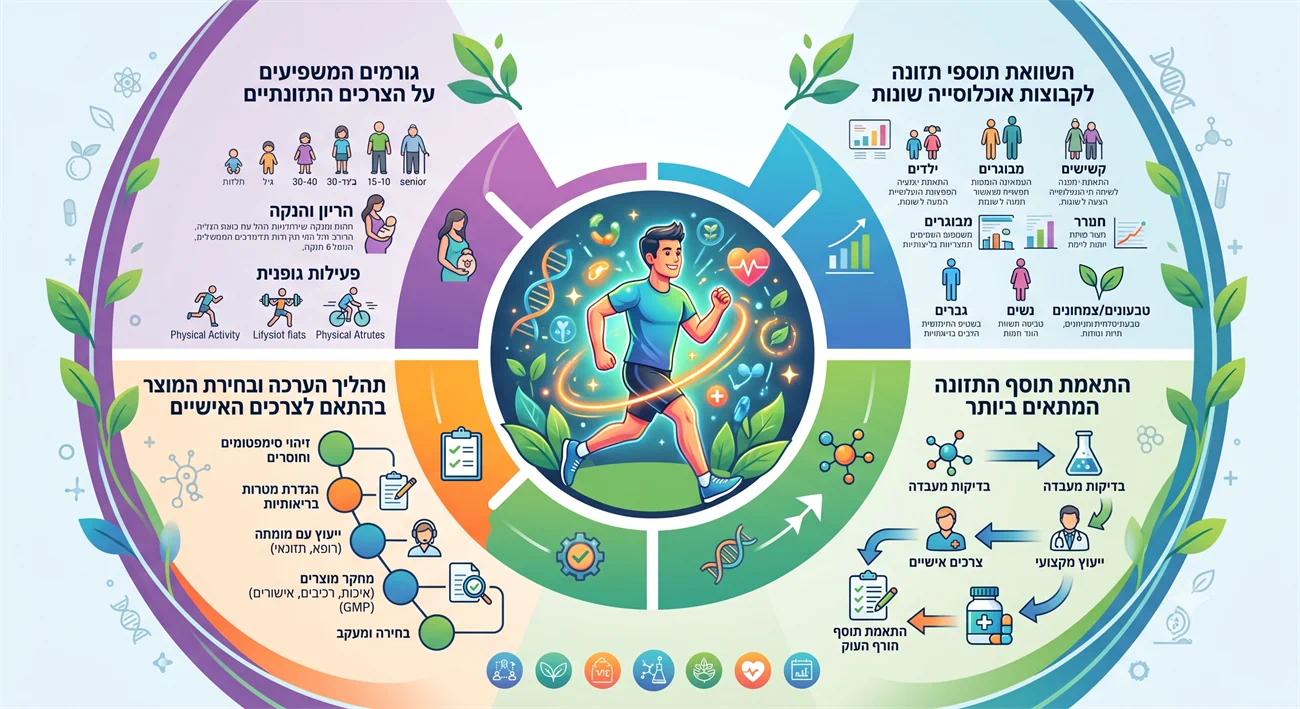 אינפוגרפיקה המציגה התאמה אישית של תוספי תזונה לפי גיל, מצב בריאותי, פעילות גופנית וצרכים תזונתיים.
