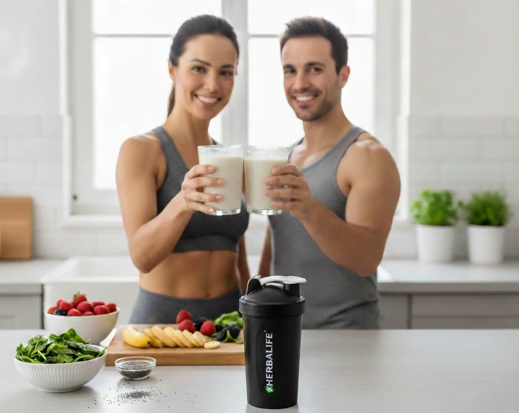 אישה וגבר במראה בריא ואנרגטי שותים שייק הרבלייף