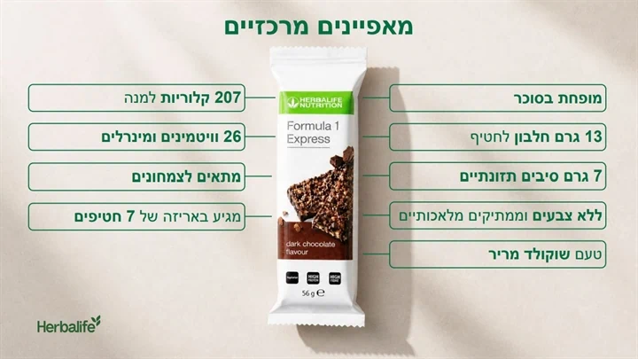 מאפיינים מרכזיים של חטיף F-1 EXPRESS שוקולד מריר